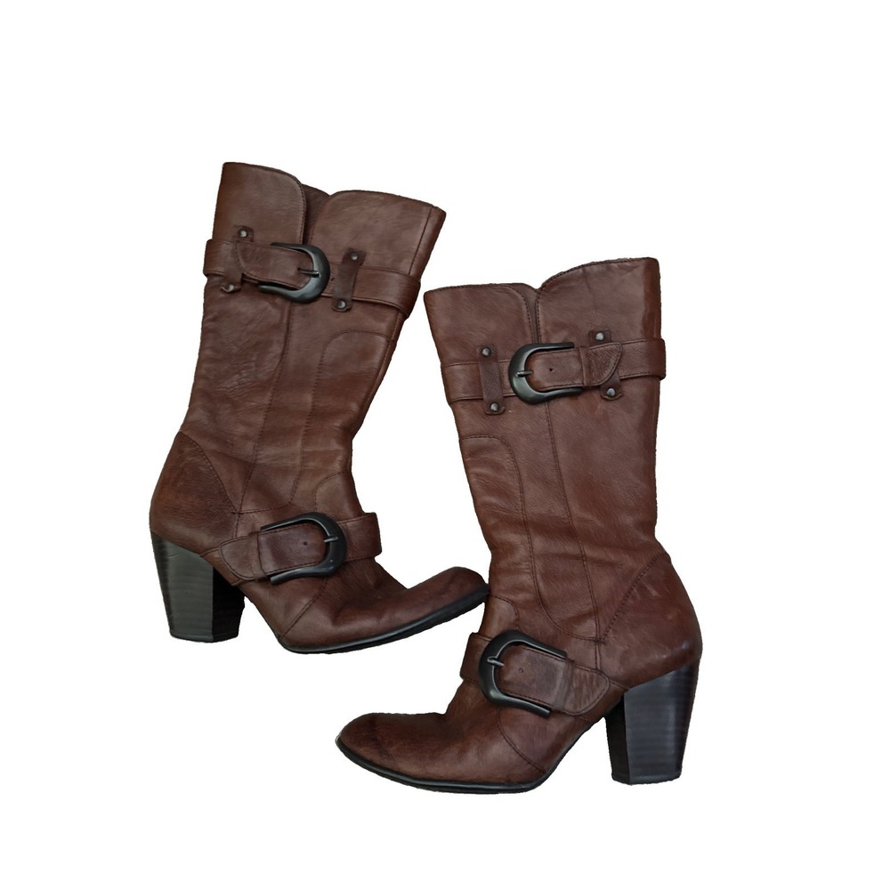 Womens BORN Crown Boots Sz 8 Brown Leather buckle heel Comfort Boots Boho Buckle